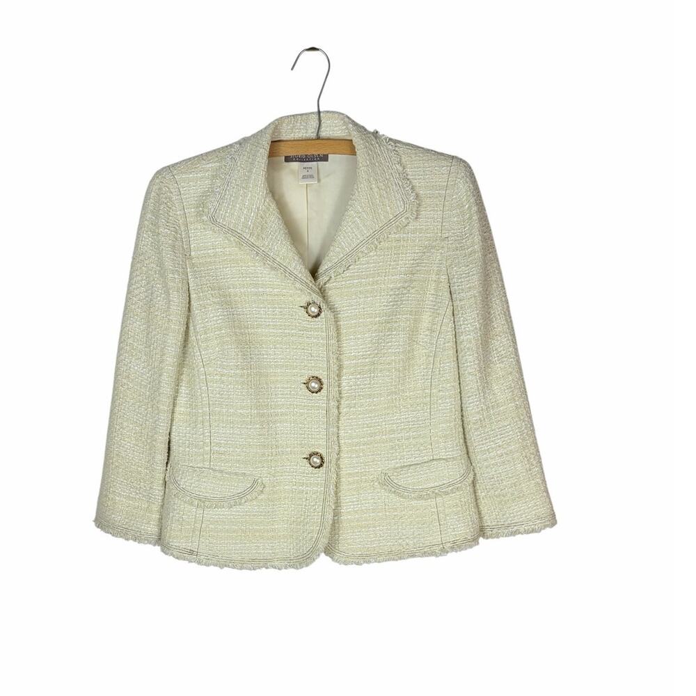 Sigrid Olsen Cream Yellow Boucle Tweed Jacket Size 4P Fringe Trim Office